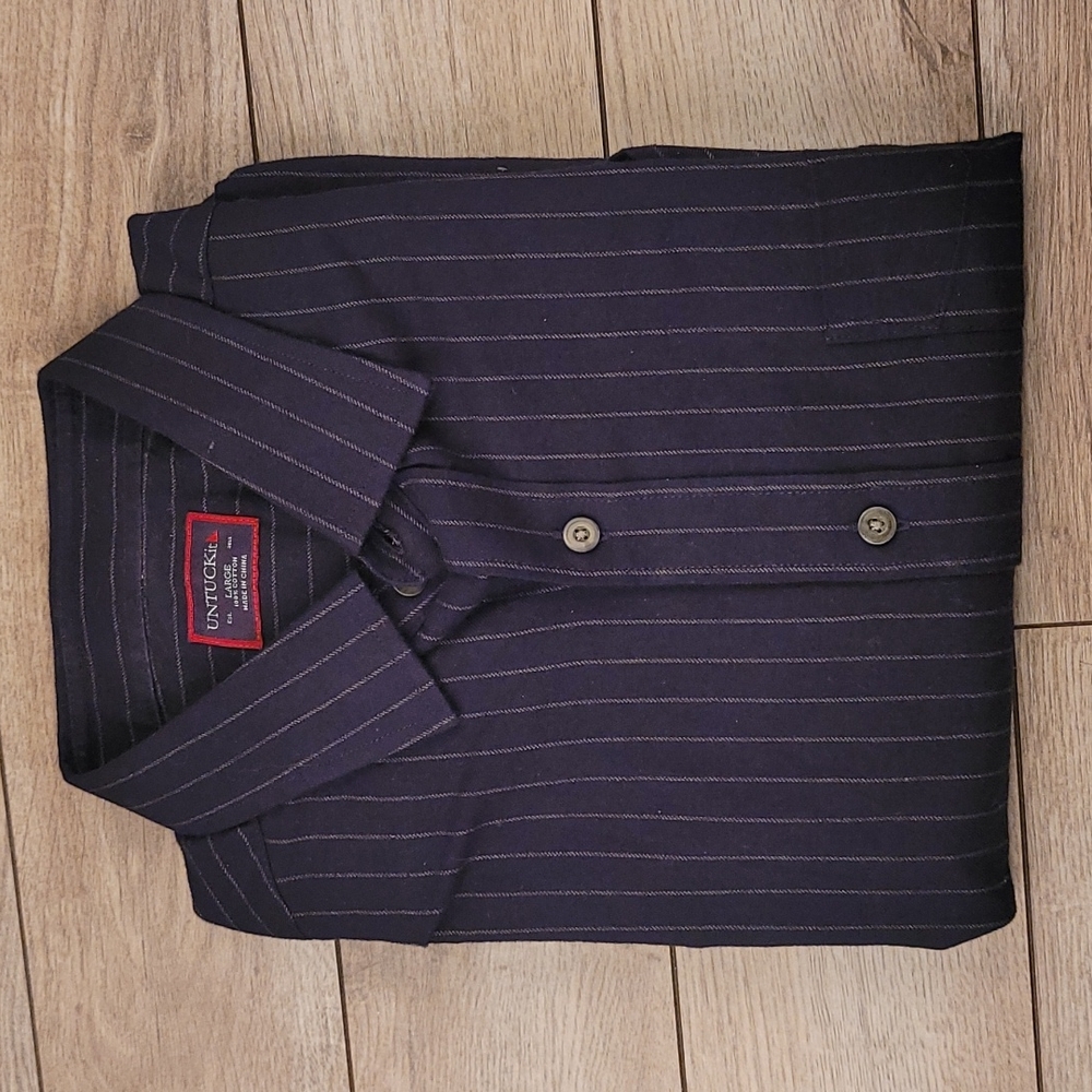 UNTUCKIT Dark Navy Striped Flannel Cotton Large Mens Long Sleeve‎ Shirt